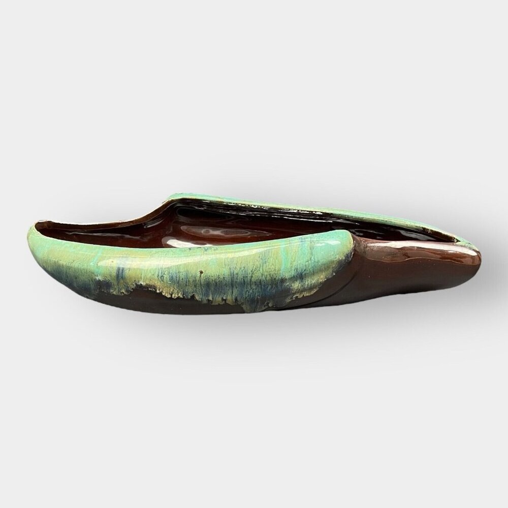 Vintage Japan Pottery Long‎ Dish Mid Century Modern Brown Green Drip Glaze